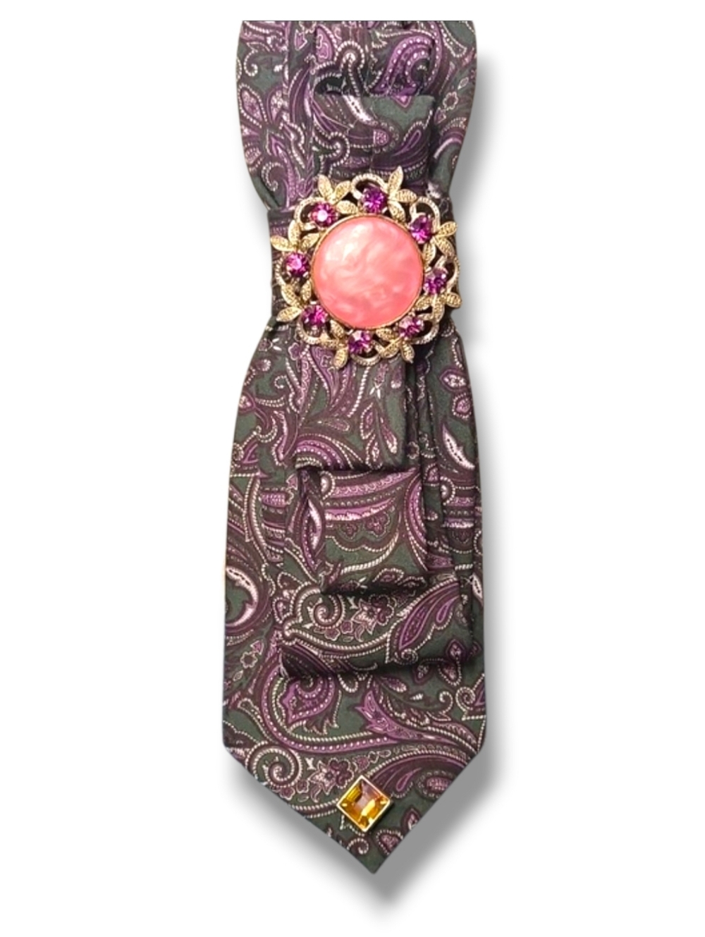 3/$60 Givenchy Monsieur Silk Paisley Folded Cravat in Purple Black Pink Brooch